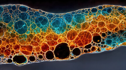 a microscopic view of a cross-section of a plant stem, highlighting the vascular tissue. The cells are stained with dyes, with blue and orange hues indicating different types of tissues and structures