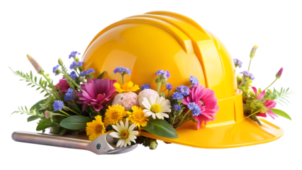 Yellow hard hat with colorful flowers and wrench isolated on transparent background