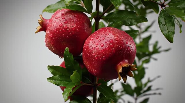 Lush Pomegranates Adorned with Water Droplets on Branch with Green Leaves and a Clean White Background