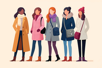 Vector illustration of diverse women in stylish winter clothes