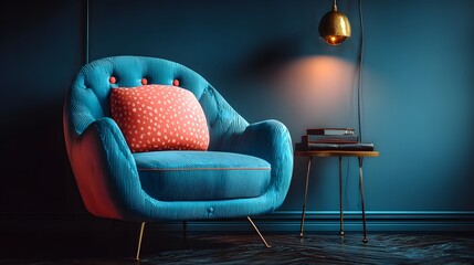 Teal velvet armchair with coral patterned cushion in a modern living room.
