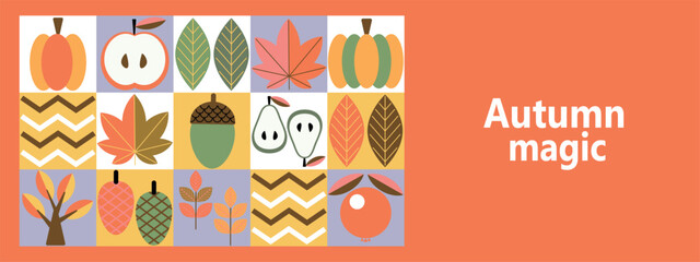 Fototapeta premium Autumn Vibes Geometric Fall Harvest Collage. Banners with autumn elements in Bauhaus style. Autumn poster design.