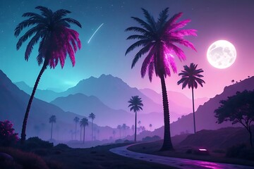 Tropical palms under moonlit sky with neon glow palm trees night