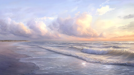 Pastel beach scene at sunrise. Gentle waves wash soft sand. Fluffy clouds painted in hues of peach and light blue. Tranquil ocean view