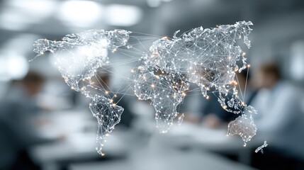 A glowing global network overlaying a blurred business meeting, symbolizing interconnectedness and international cooperation
