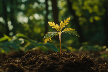 A small plant sprouting from fertile soil, symbolizing the beginning and growth of life in nature.