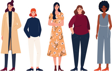 Diverse group of women standing together, flat vector illustration