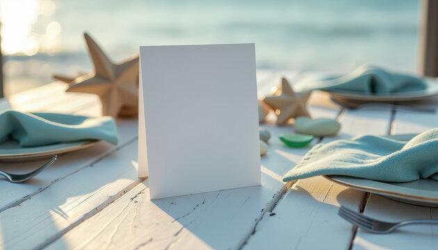 Table number mockup. Blank table number card mockup on beachside table