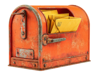  Side view of vintage orange mailbox with mail overflowing from the slot