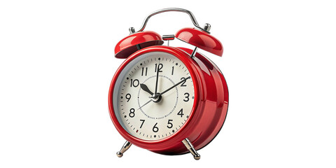 Photo of a classic red twin bell alarm clock isolated on a transparent background, showing the time