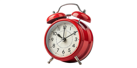 Photo of a classic red twin bell alarm clock isolated on a transparent background, showing the time