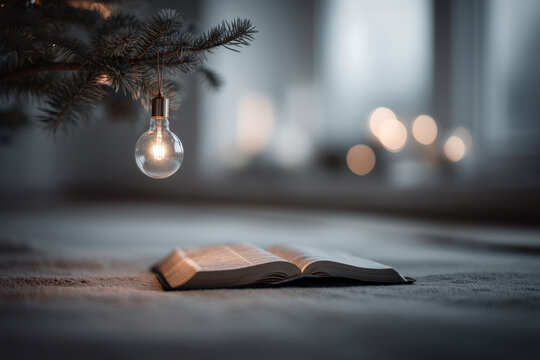 minimalist composition featuring single ultrabright bulb hanging from christmas tree with bible placed underneath