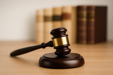 Gavel and Law Books on Wooden Desk in Legal Office Setting Highlighting Justice and Law Concepts