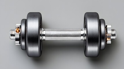 A gray dumbbell with metal accents.