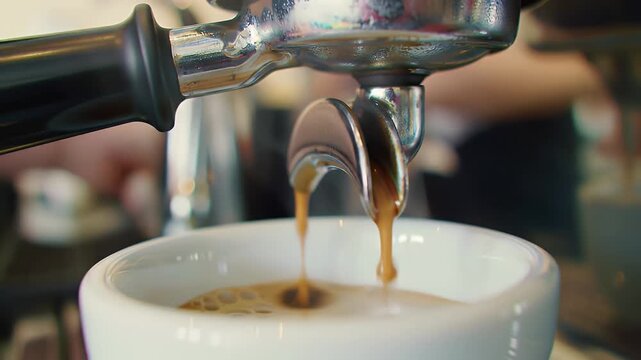 Espresso Pouring from Silver Portafilter into White Ceramic Cup in Softly Blurred Cafe Setting
