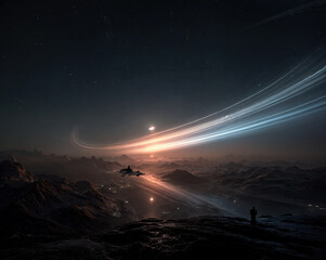 a futuristic landscape with a spaceship flying over a mountainous region. The sky is filled with streaks of light, creating a dramatic and otherworldly atmosphere.