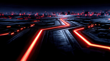 a futuristic, abstract scene with glowing red lines on a dark, textured surface, suggesting a high-tech or sci-fi environment. The background is filled with red lights, adding to the technological amb