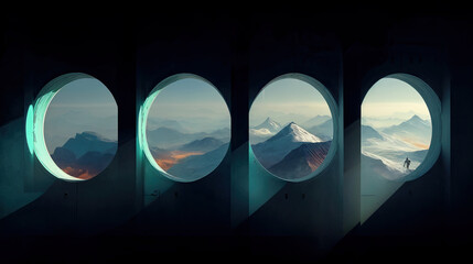  a series of round windows with a dark background. Through the windows, we see a majestic mountain landscape with snow-capped peaks and a person walking on the mountain. The windows are illuminated by