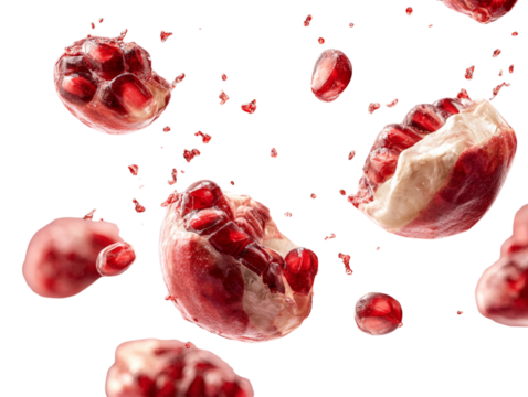 Floating pomegranate seeds in mid air with motion blur and splash effects