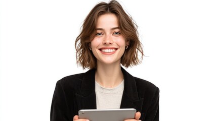 Fototapeta premium A young woman with a radiant smile and short brown hair holds a tablet, facing the viewer against a clean white backdrop