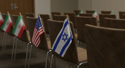 International relations meeting representation with national flags on seats, symbolizing discussions and diplomacy.