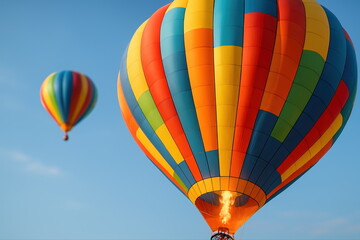 Colorful Hot Air Balloons Rising Against a Clear Blue Sky Capturing Adventure and Freedom in a Vibrant and Scenic Aerial View of Travel and Tourism in a Tranquil Open Atmosphere