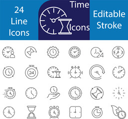 Time Line Editable Icons set. Vector illustration in modern thin line style of clock related icons: timer, stopwatch, alarm, and more. Isolated on transparent background