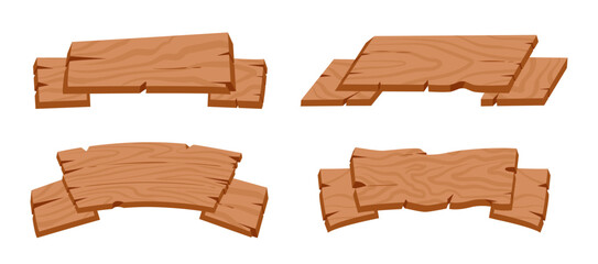 Cartoon wooden ribbons boards. Rustic signs and ribbon planks, wood ribbon planks, vintage curved banners flat vector illustration set. Wooden ribbons