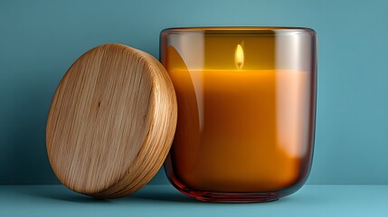 Amber glass candle with wooden lid.