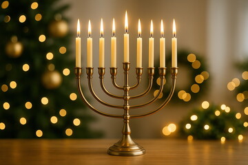 Menorah with Lit Candles Against Festive Holiday Background in Dim Lighting**