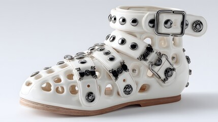 White shoe with decorative straps and rivets.