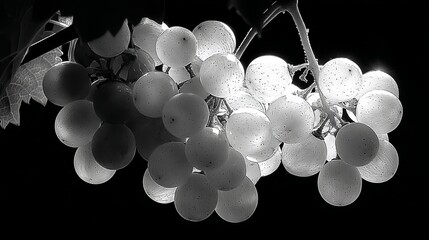 Close-up of a cluster of white grapes on a vine captured in dramatic monochrome lighting Black and white