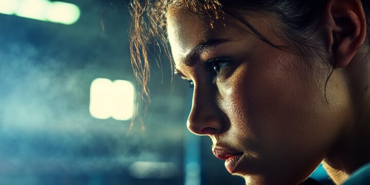 A woman at the gym, focused on her workout. She is dripping with sweat, showing determination and commitment to her fitness goals.