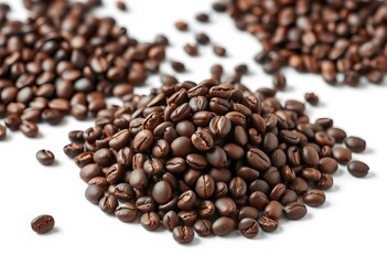 Fototapeta premium A rich mound of dark roasted coffee beans on pristine white background, ingredient, food