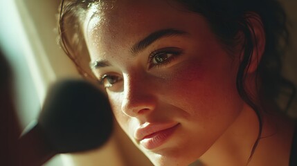 Close-up portrait of a young woman applying makeup.