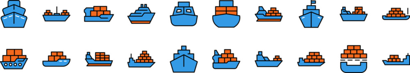 Fototapeta premium Collection of Filled Color Icons of Blue Red Ship. Minimalistic Linear Pictogram for Web and Graphic Design, Apps, Banners, Social Network and Cards