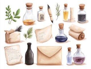 Flat showcasing a variety of vintage inspired stationery and writing supplies  including envelopes  stamps  ink bottles  quills  parchment