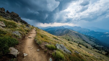 Mountain trail winds through a grassy hillside under a stormy sky