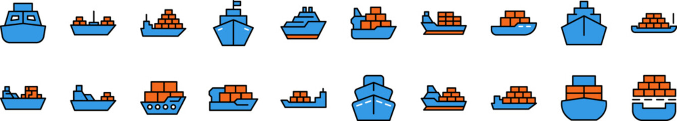 Blue Red Ship Filled Color Outline Web Icons Collection. Minimalistic Linear Pictogram for Web and Graphic Design, Apps, Banners, Social Network and Cards