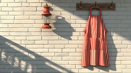 Striped apron and lantern hung on a white brick wall.