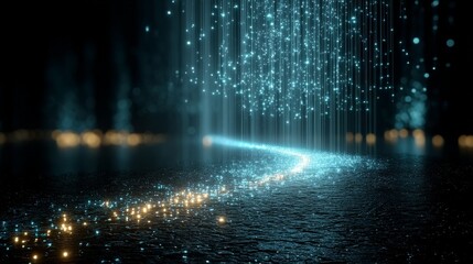 Digital code rain effect featuring bright blue and golden lights cascading down in an abstract design
