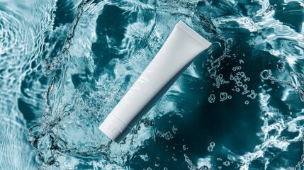 White cosmetic tube on blue water background