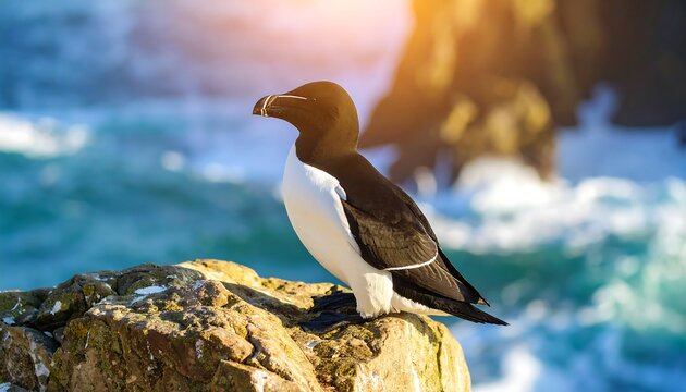 A black and white seabird perched on a rock near crashing waves