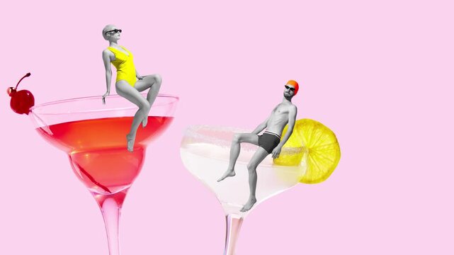 Modern ad video. Swimmers, man and woman, sitting on edge of sweet and sour cocktails against pink background. Concept of summer, holidays, celebration, Friday mood, festivals.