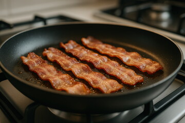Sizzling Bacon Delight In Frying Pan On Stovetop, Culinary Temptation And Comfort Food Photography, Food Styling And Breakfast Concepts