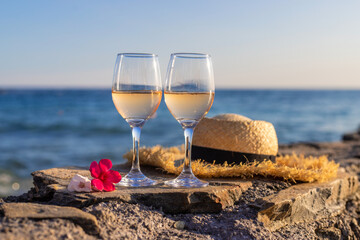 Wine on the seashore. Selective focus.