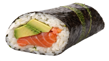 Photo of a delicious sushi roll filled with fresh salmon and creamy avocado, wrapped in nori seaweed and sticky rice, isolated on a transparent background