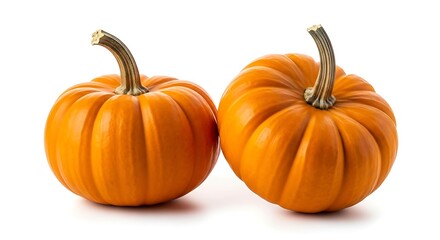Obraz premium Two small orange pumpkins with stems, side by side, isolated on a white background.