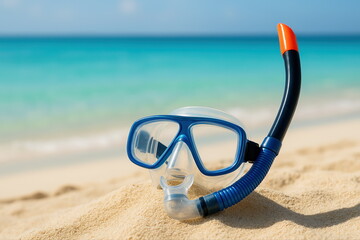 Snorkeling Gear on Sandy Beach with Clear Turquoise Water Background in Tropical Paradise for Summer Vacation and Travel