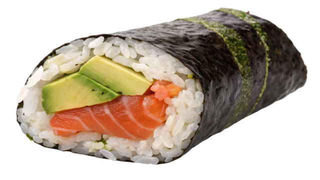 Photo of a delicious sushi roll filled with fresh salmon and creamy avocado, wrapped in nori seaweed and sticky rice, isolated on a transparent background